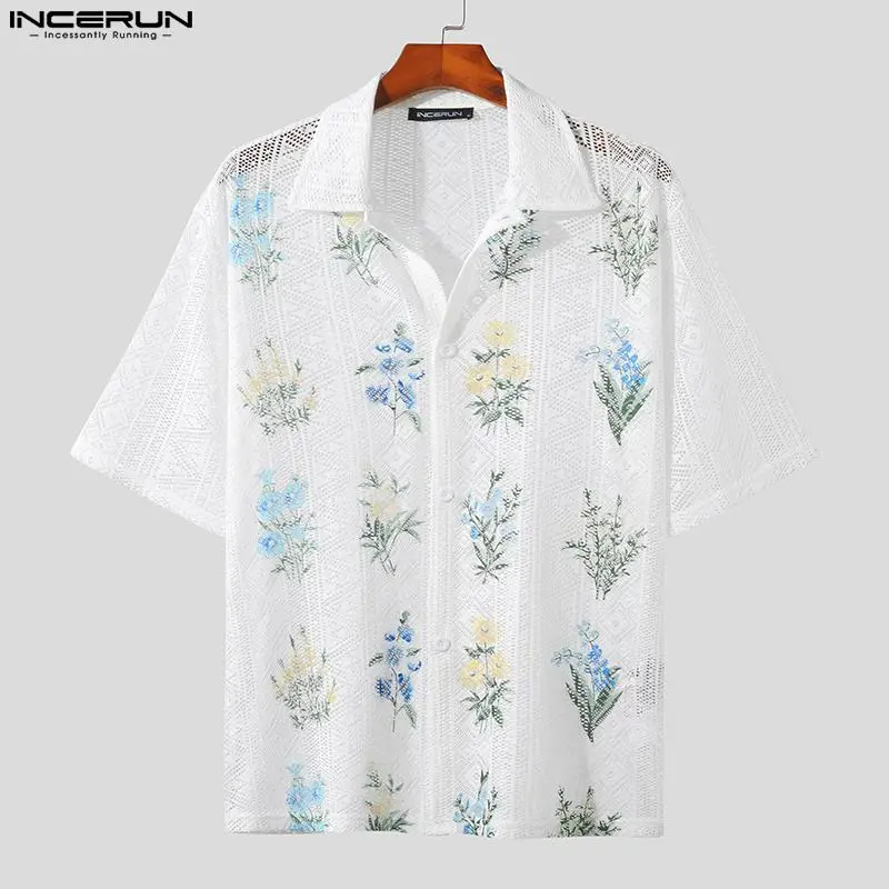 INCERUN Tops 2023 American Style Men's Fashion Tracery Printing Pattern Blouse Casual Streetwear Male Short Sleeved Shirts S-5XL