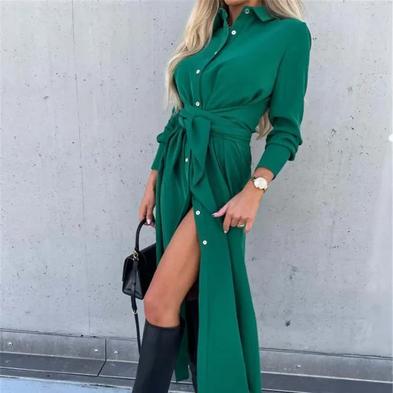 

Casual 2024 Winter Cardigan Dress Single Breasted Buttons Sashes Midi Dress Turn-down Collar Long Sleeve Split Sundress L072