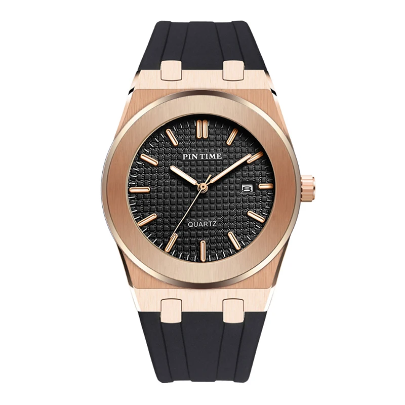PINTIME Casual Men's Watches Silicone Strap Metal Case Waterproof 3ATM Checked Dial Calendar Fashion Quartz Wristwatch Luminous