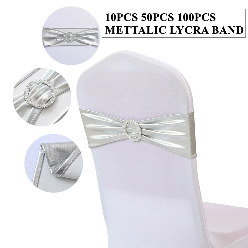 

Silver Bronzing Spandex Chair Band Lycra Stretch Sash Tie Bow Include Buckle For Wedding Event Party Decoration