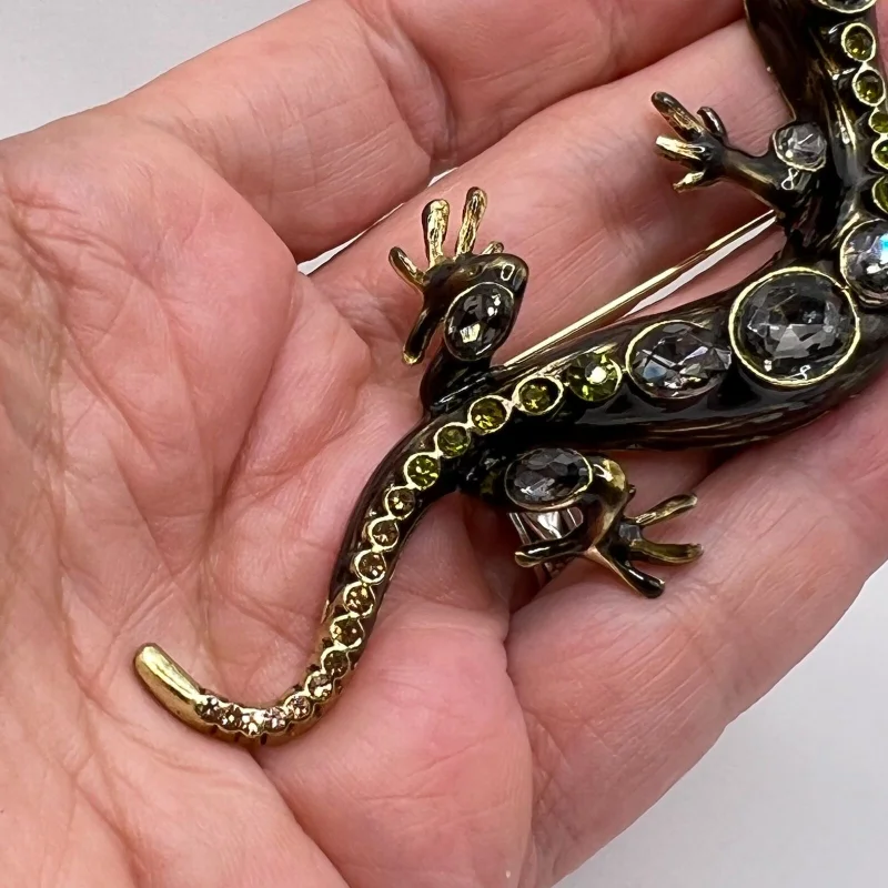 SALAMANDER BROOCH Pin Gray Green Rhinestone Black Enamel Costume