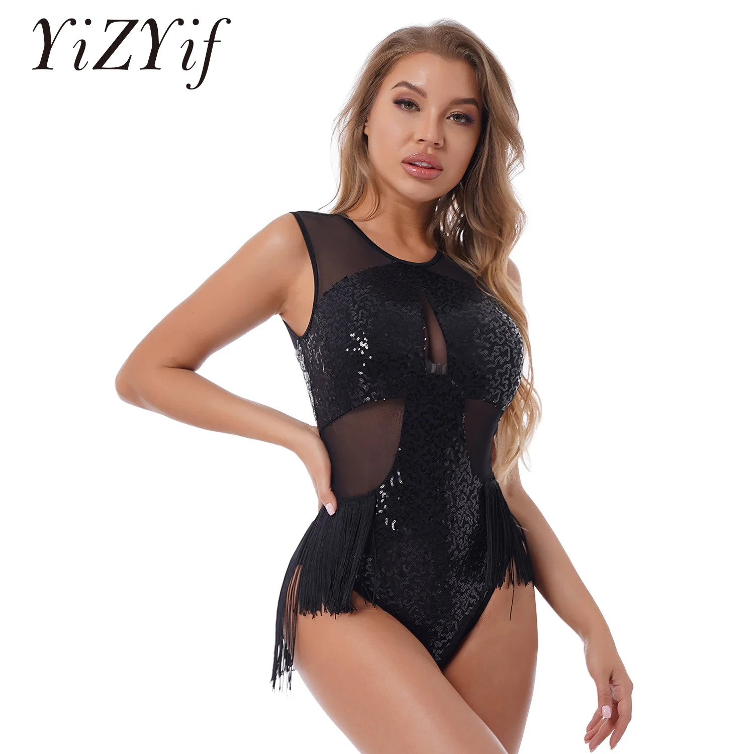 New Adult Women Latin Bodysuit Tops Sequin Sleeveless Stage Competition Dancewear Sexy Ballroom Samba Dancing Practice Costume