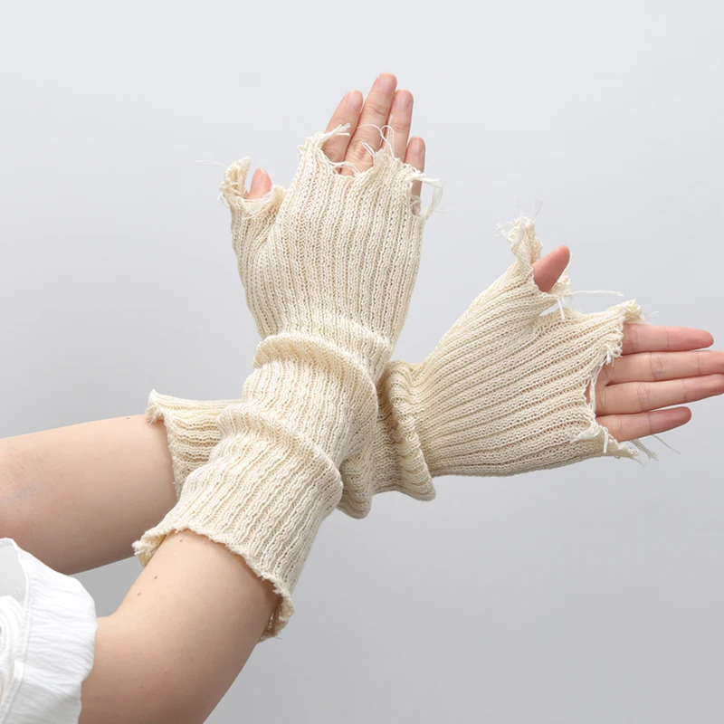 Fingerless gloves Girl Gloves Black Beige Tattered Punk Unisex Fingerless Cuff Knit Glove Women Men Elbow Mittens Broken Arm Warmer Gloves