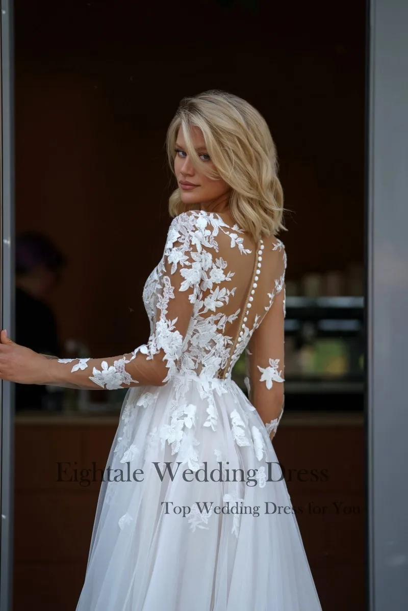Eightale Elegant Wedding Dress with Long Sleeves Customized Appliques Lace Tulle White Ivory Bridal Gown Vestido De Noiva 4