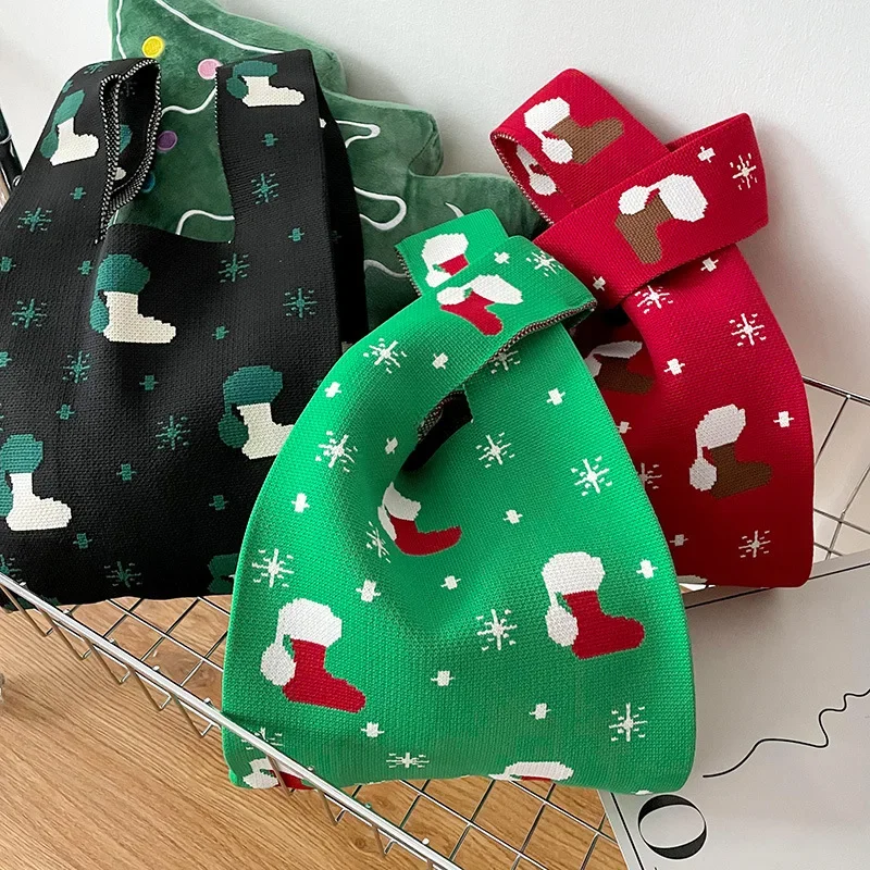 

Korean Version of Niche Design Christmas Atmosphere Knitted Shoulder Hand Tote Bag Large Capacity Women's Bag