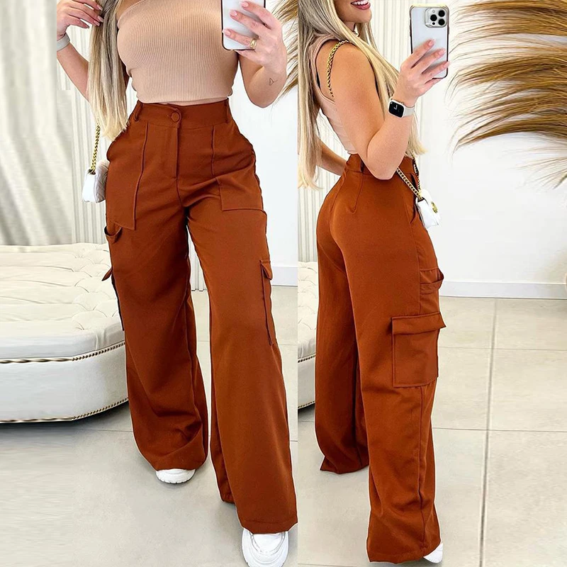 

Fashion Solid Loose Straight Pants Women 2023 Casual Button Fly Cargo Pants Office Lady Summer New Vintage High Waist Sweatpants