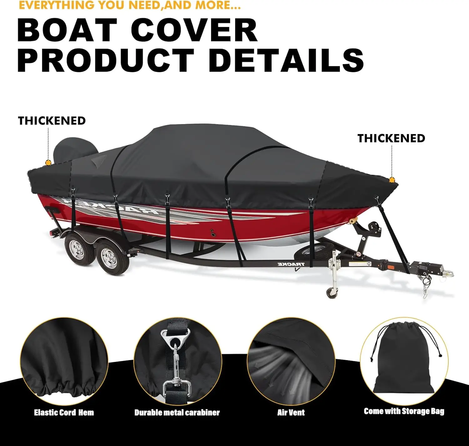 Heavy Duty 1200D Waterproof Boat Covers 17-19ft with Motor Cover and Windproof Adjustable Metal Buckle Fits Bass Boat, V-Hull, T