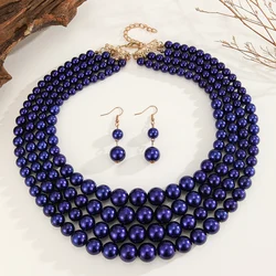Elegant Multi - Layer Handmade Pearl Beaded Necklace and Earrings Set - Women's Party Jewelry Accessories (Blue)