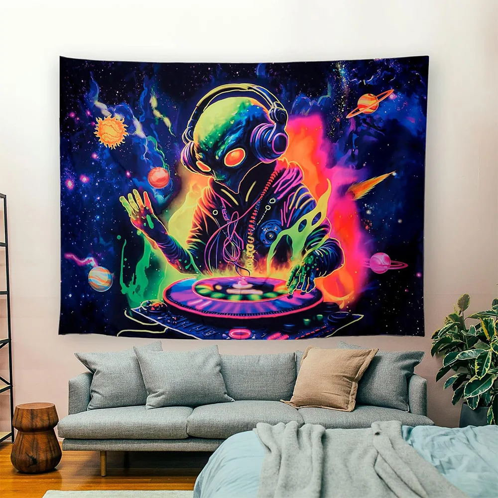 Psychedelischer Alien UV-reaktiver Wandteppich, Hippie-Astronauten-Wandbehang, Wandteppich, Gothic, Zuhause, Schlafzimmer, Hexerei, Meditation, Dekor – Detail 11