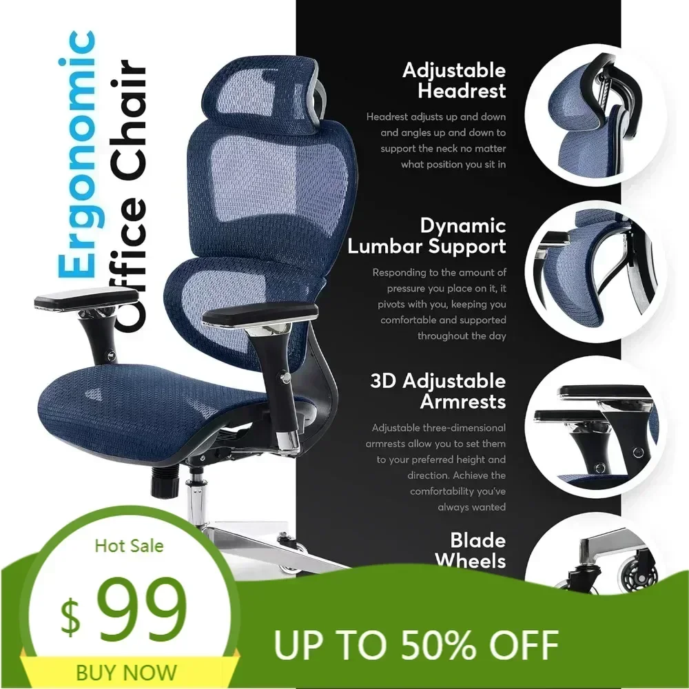 mesh ergonomic office chair - adjustable armrest desk chair with 3d lumbar support and smooth rolling wheels