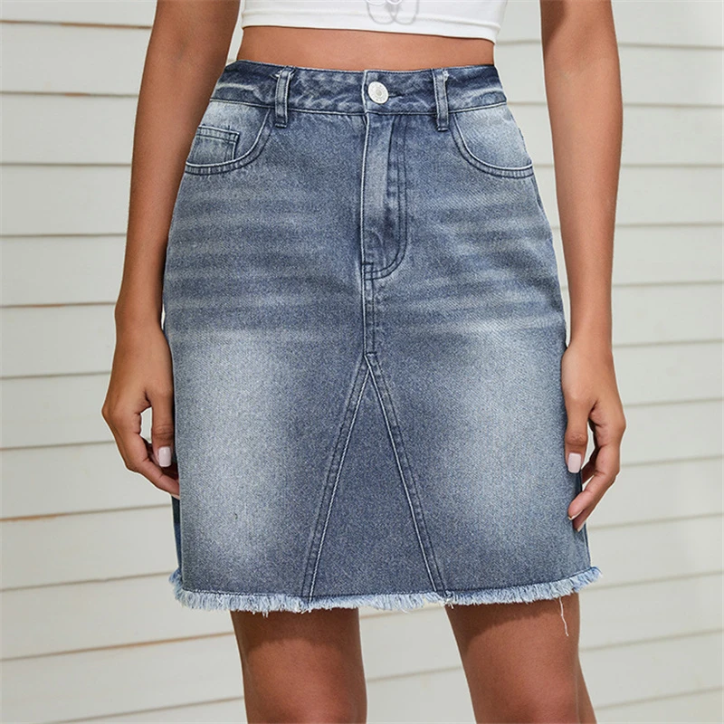 long skirts Women's Denim Skirts 2022 New Retro Patchwork Short Skirts Blue High Waist A Line Skirts Summer Casual Tassel Knee Length Skirts brown skirt