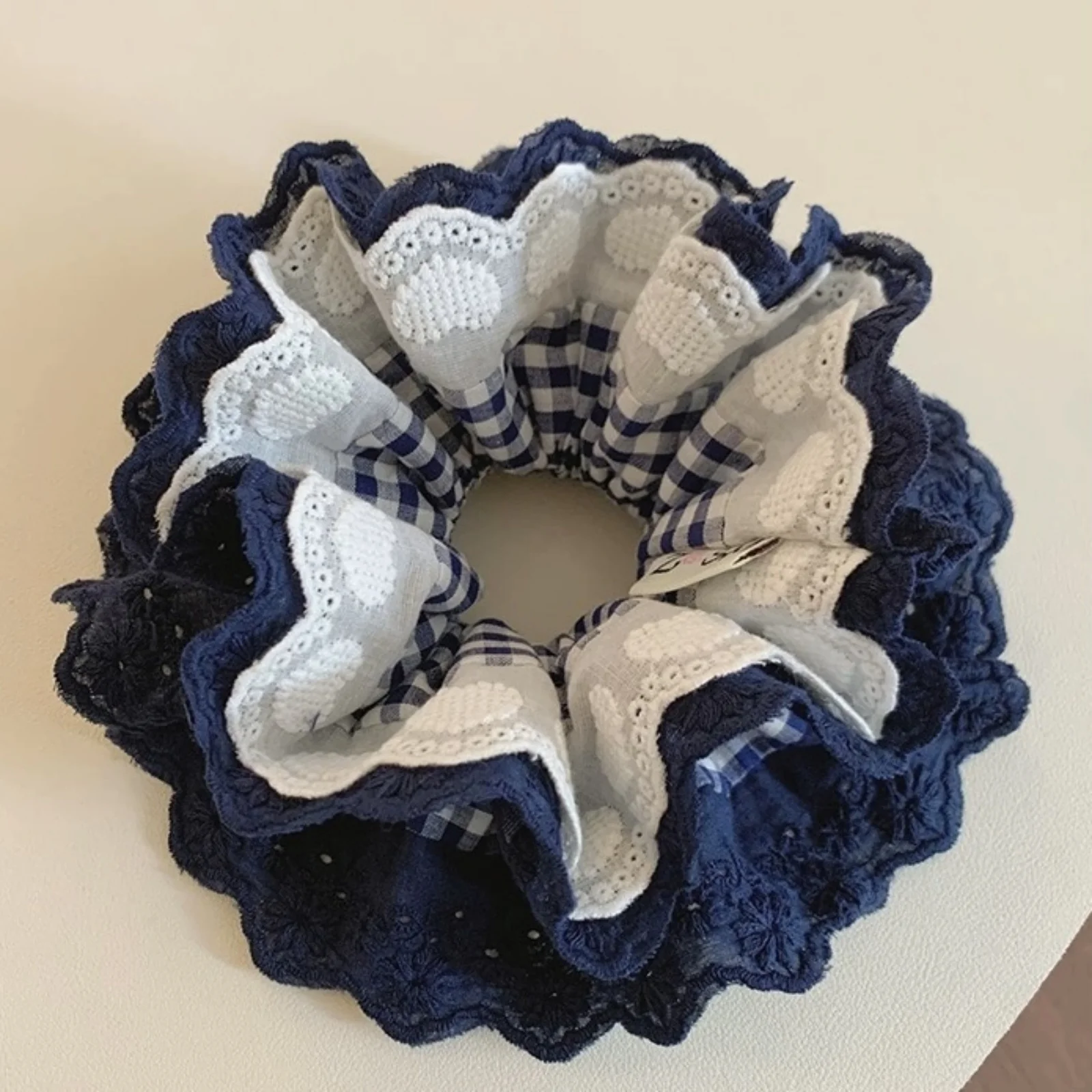 1PC Large Navy Blue Plaid Hair Scrunchie With Lace Trim, Chic Ruffled Hair Tie, Stylish Hair Accessory For Women