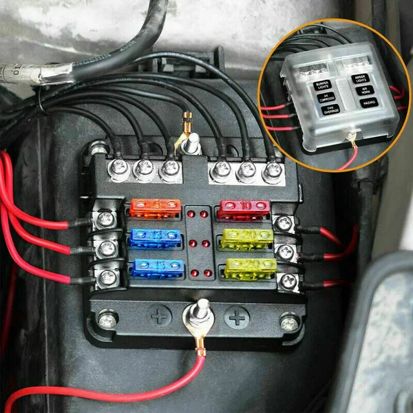 LED 표시기 포함 6 방향 방수 퓨즈 블록, 네거티브 해양 퓨즈 박스 포함, DC 12 V, 24V 자동차 보트 RV 트럭용, 12 회로