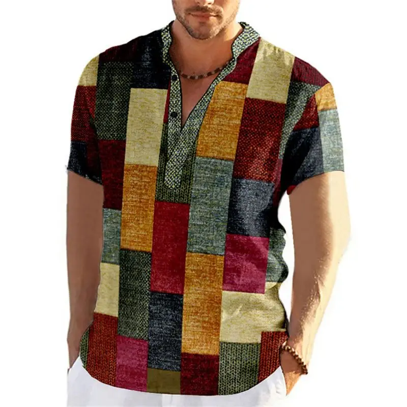 Casual Short Sleeved Shirt Vintage Men's 3D Fashion Patchwork Printing Oversized Summer Streetwear