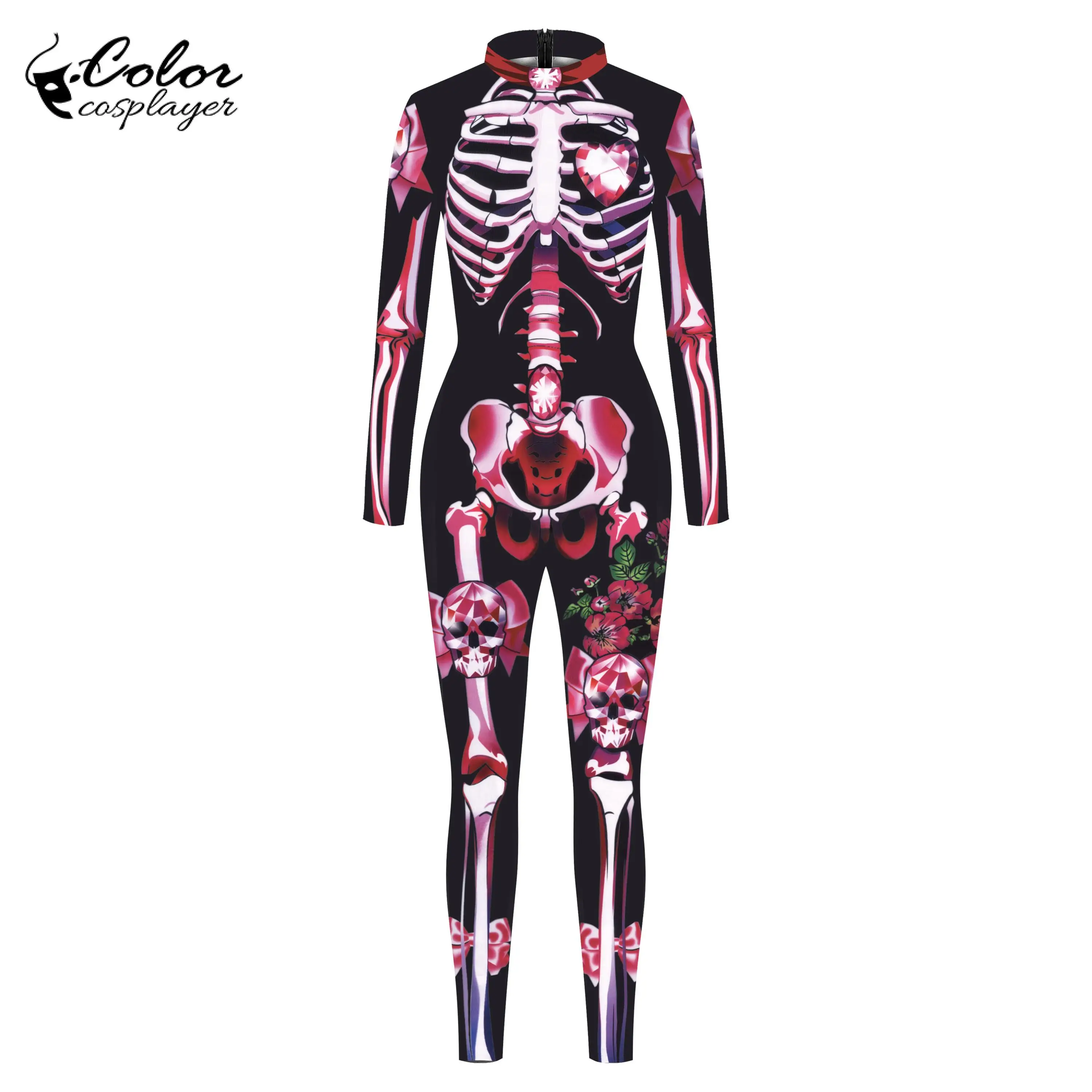 Color Cosplayer Halloween Party Jumpsuit Gothic Performance 3D Printed Costume Zentai Cosplay Zipper Spandex Catsuit Bodysuit