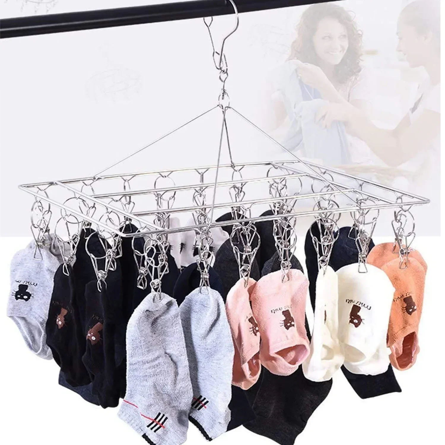 

40 Stainless Steel Hook Sock Rack Windproof Dryer Clothesline Clips Laundry Airer Clothes Bra Towel Drying Peg Clothespin Hanger