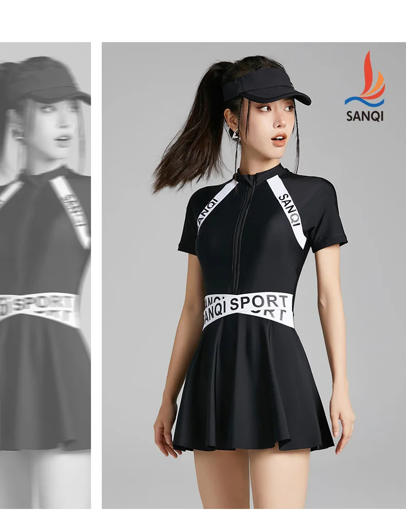 Lady Short Sleeve Athletic WaterProof Spandex Swim Skirts For Female One Piece Quick-Drying Nylon Beach Surfing Bathing Skirts