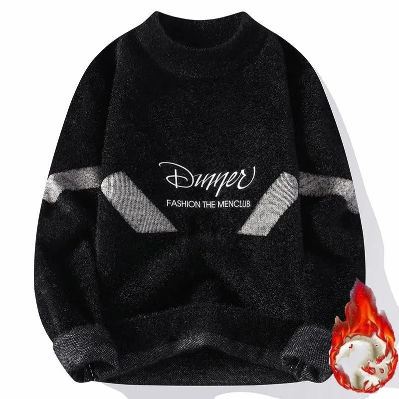 Men's Pullover Crew Neck Letter Screw Thread Printed Flocking Solid Lantern Long Sleeve Sweater Knitted Fashion Vintage Tops