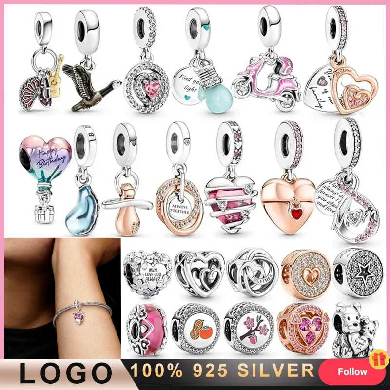 New Women's 925 Silver Heart Pink Mini Motorcycle Rose Pendant For Original Logo Women's Bracelet DIY Charming Jewelry Gift