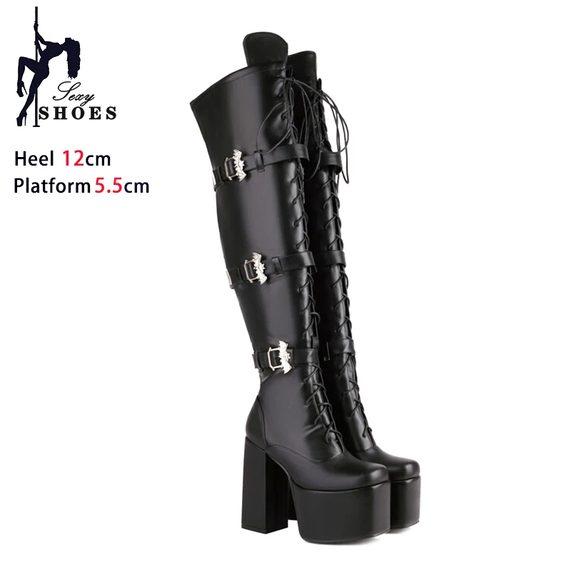 Women Platform Over-the-Knee Boots Fetish Long Shoes Woman 12CM Gothic Heels Spring And Autumn Buckle Block Heels Boots Black