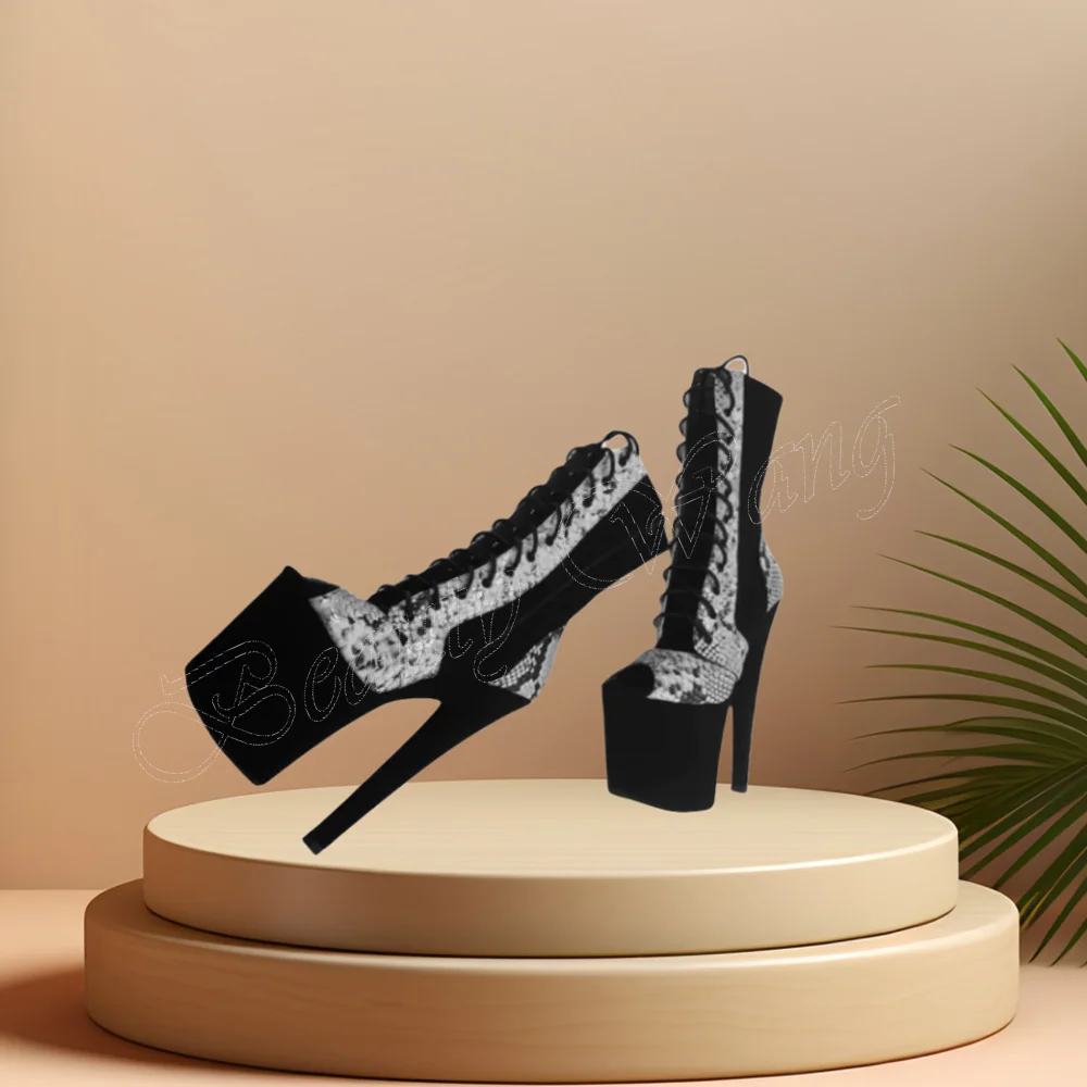 

Black Sneakskin Platform Boots Spike Heel Cross Tied Side Zipper Spike High Heel Shoes for Women High Heel 2023 Zapatillas Mujer