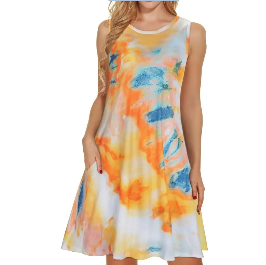 

2022 Summer Women's Casual Loose Sleeveless O Neck Vest Bohemian Dress Fashion Street Sundress Elegant Ladies Top