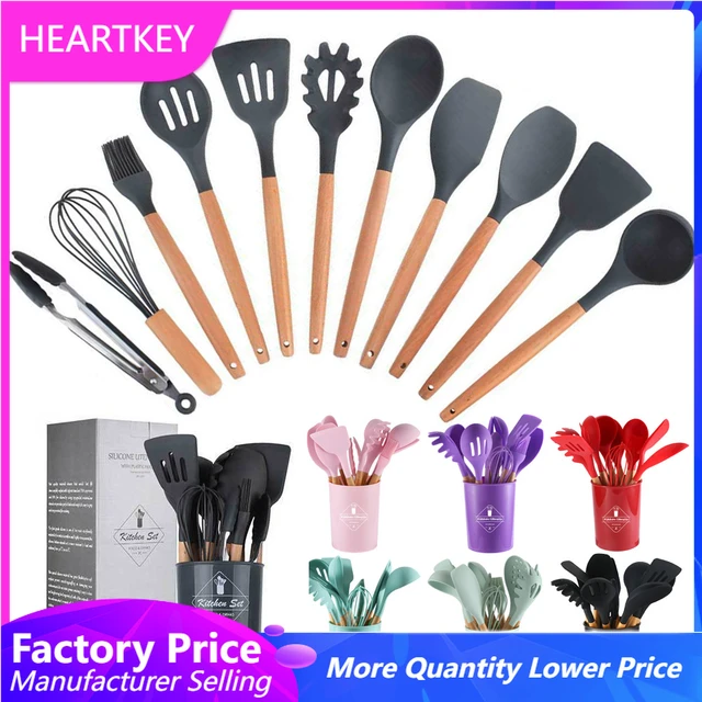 12Pcs Silicone Kitchen Utensils Set Non-Stick Kitchenware Cooking Set with  Holder,Wooden Handle Spatula Spoon Cookware Set - AliExpress