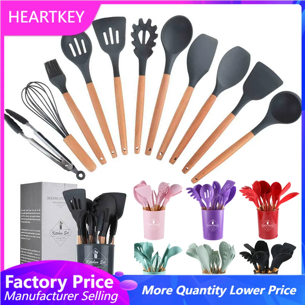 12-Piece Silicone Kitchen Cooking Utensils Set with Holder, Wooden Handle Utensils for Cooking, Kitchen Tools Include Spatula Turner Spoons Soup Ladle