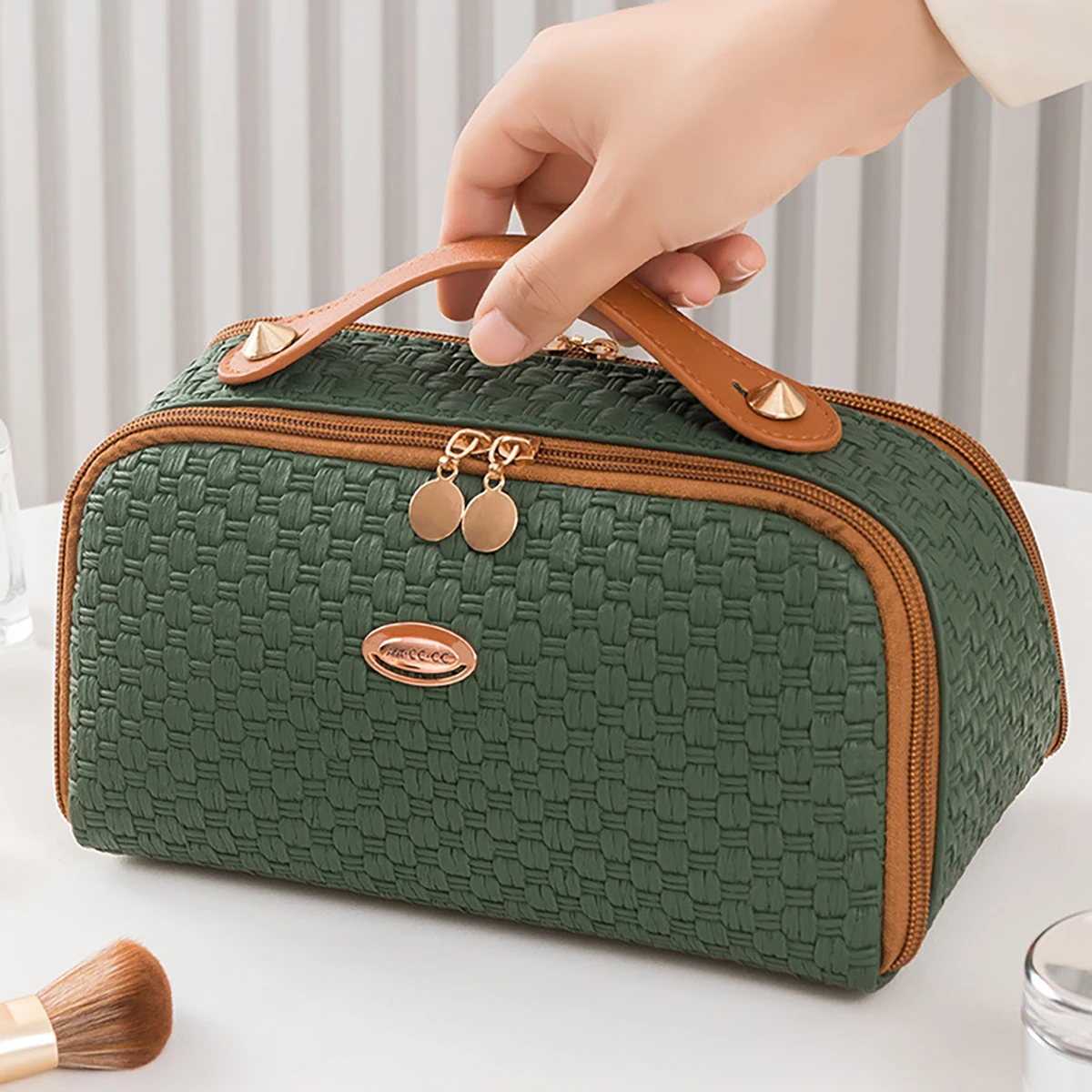 New Fashion Woven Double Zipper Makeup Bag with Large Capacity and Multi compartment Travel Cosmetics Storage Bag Washing Bag 5