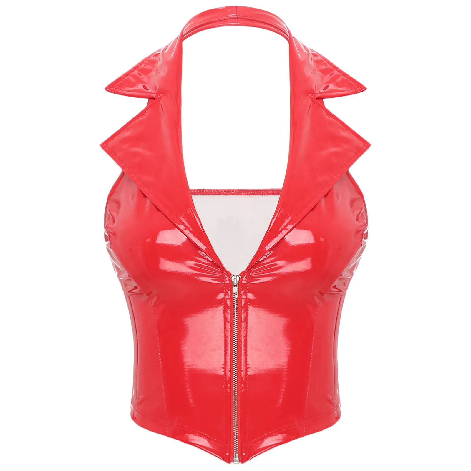 thumbnail image 1 of Camisola de látex con efecto mojado y cuello halter de piel sintética, chaleco de charol brillante, solapa con muescas, escote en V profundo, cremallera frontal, chaleco ajustado, 1 of 5