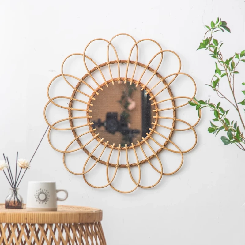 INS Style Decorative Mirrors Natural Wicker Woven Vanity Mirror Nordic Wall Basket Decor Homestay Hanging Ornament Room Decor