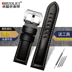 Vintage Frosted Matte Brown - Blue Genuine Leather Watchband - Men's Wrist Strap Bracelet (22mm, 24mm, 26mm) - 22mm (Retro black - steel)