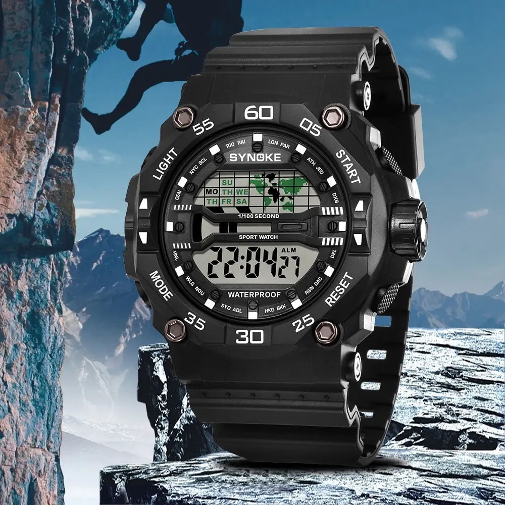 SYNOKE New Men Mountaineering Digital Watch Waterproof Shock Resist Large Screen Outdoor Running Student Fashion Watch Handsome 2