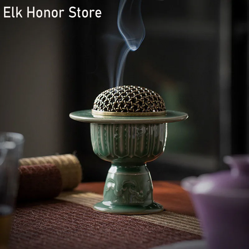 

Yue Kiln Celadon Incense Burner Boutique Relief Art High Foot Incense Holder Household Ceramic Indoor Sandalwood Incense Plate