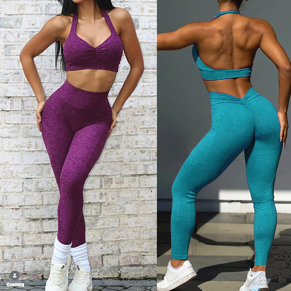 V Back Lycra Pad Pocket Halter Sport Bra Yoga Set Squat Proof Scrunch Legging Workout Pant Gym Fitness Active Suits 1/2PCS