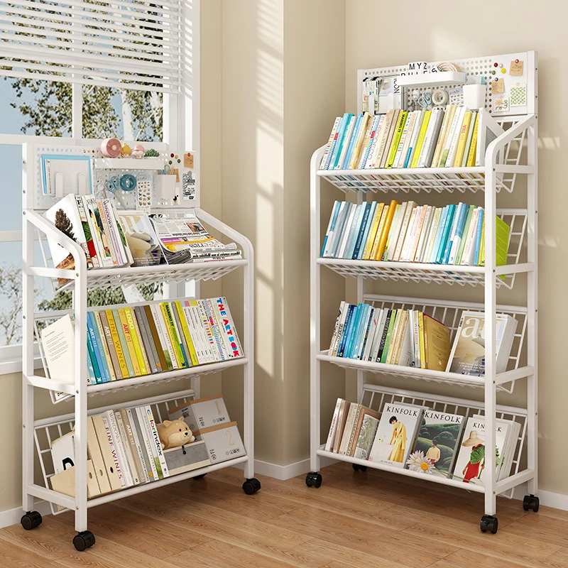 Floor Standing Multi-Layer Bookshelf Living Room Magazine Rack Iron Bookcase Movable Storage Organizer Wheels Books Toys FYMR