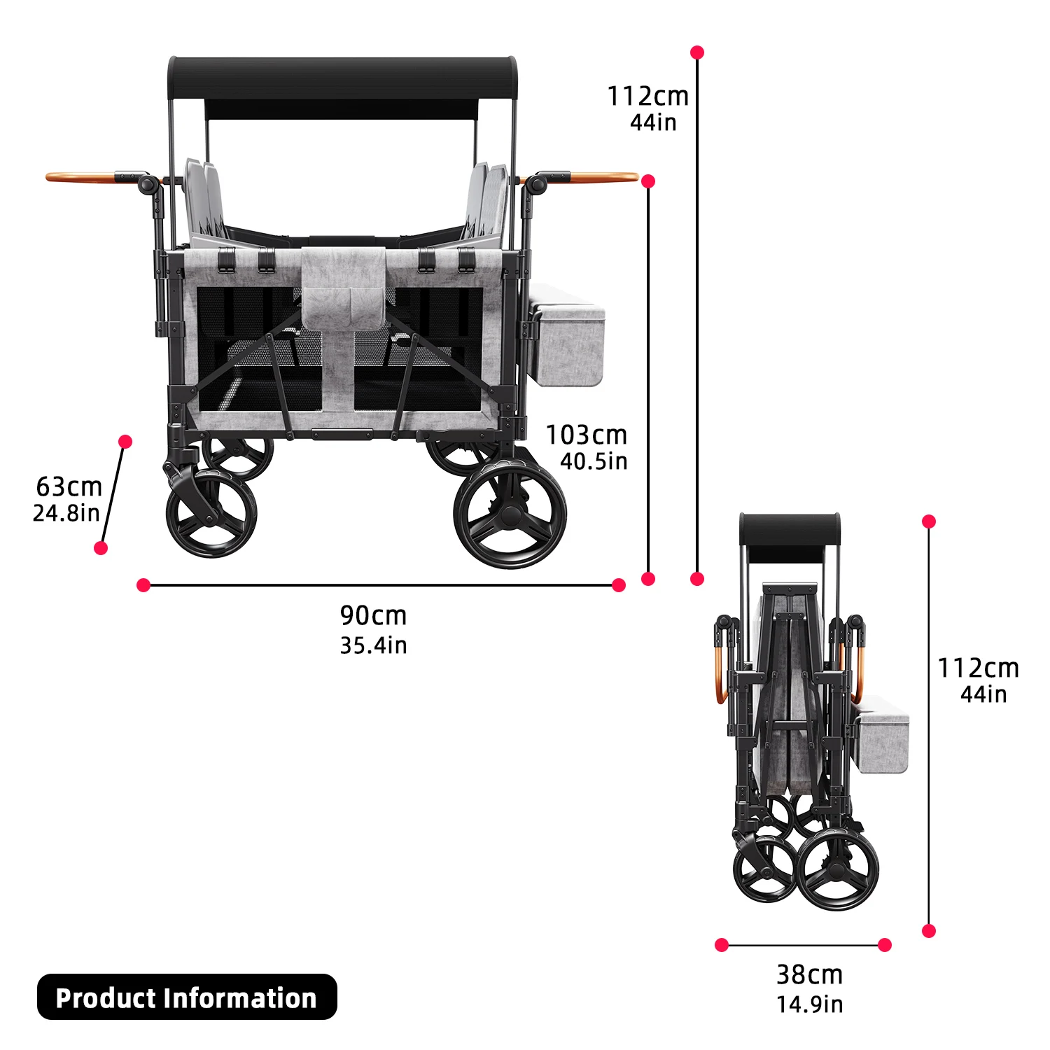 4-Seater Quad Stroller Wagon-Spacious, Collapsible, and Safe Ride with 5-Point Harnesses, Easy Access Zipper Door, and Removab