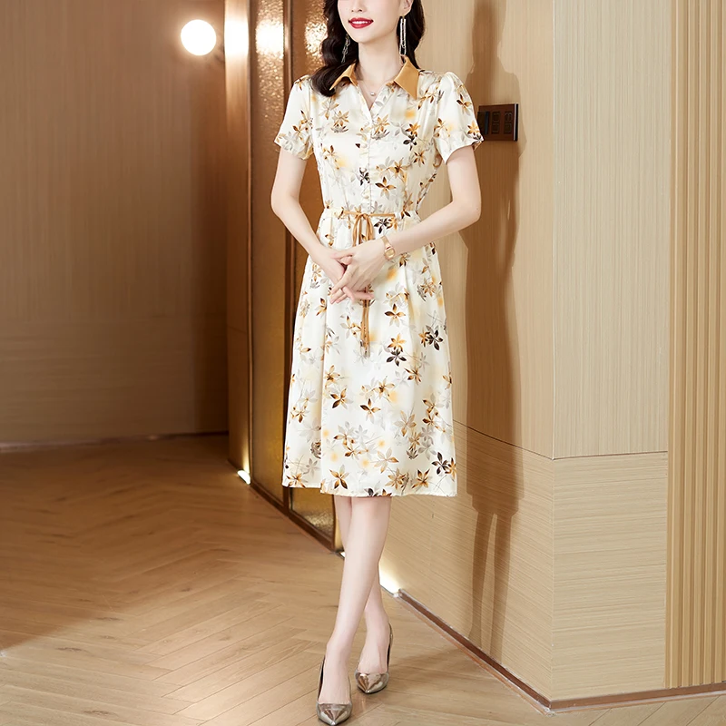 

Женское платье-поло с завышенной талией, приталенное платье миди с цветочным принтом и шнуровкой, 2023