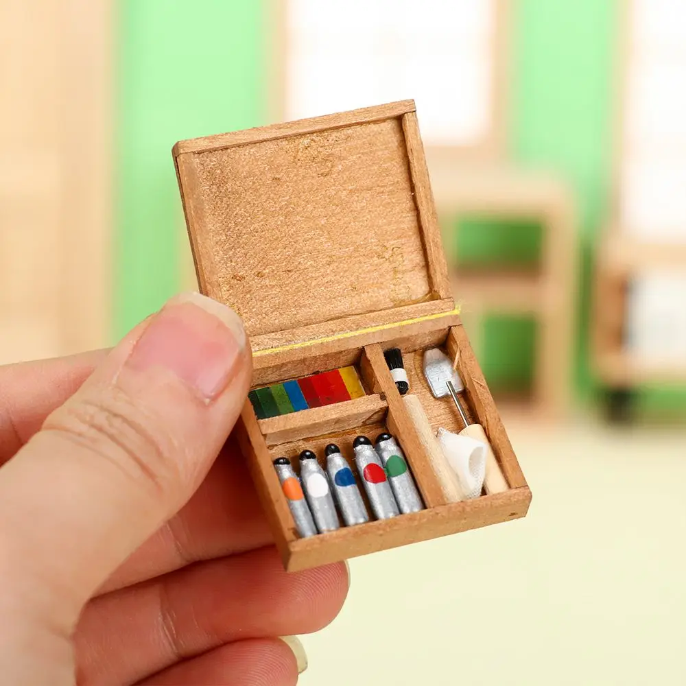 1:12 Dollhouse Miniature Easel Mini Wood Box Artist Paint Pen Drawing Board Dollhouse Furniture Toy Accessories Dollhouse Decor
