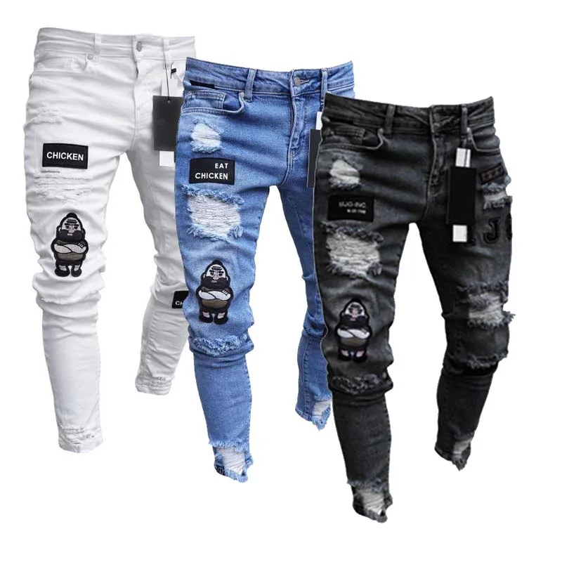 

White Embroidery Jeans Men Cotton Stretchy Ripped Skinny Jeans High Quality Hip Hop Black Hole Slim Fit Oversize Denim Pants