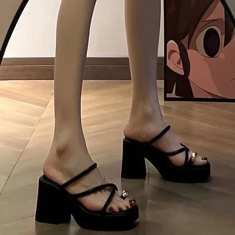 Fashionable Chunky Heel Thick Bottom High Heel Slippers Women 2024 Summer New Fashion All-Match Non-Slip Flip-Flops Women