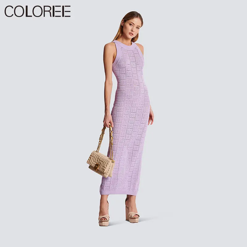 

European High Quality Purple Knitted Dresses Women Luxury Designer Elegant O-neck Sleeveless Midi Summer Dress 2023