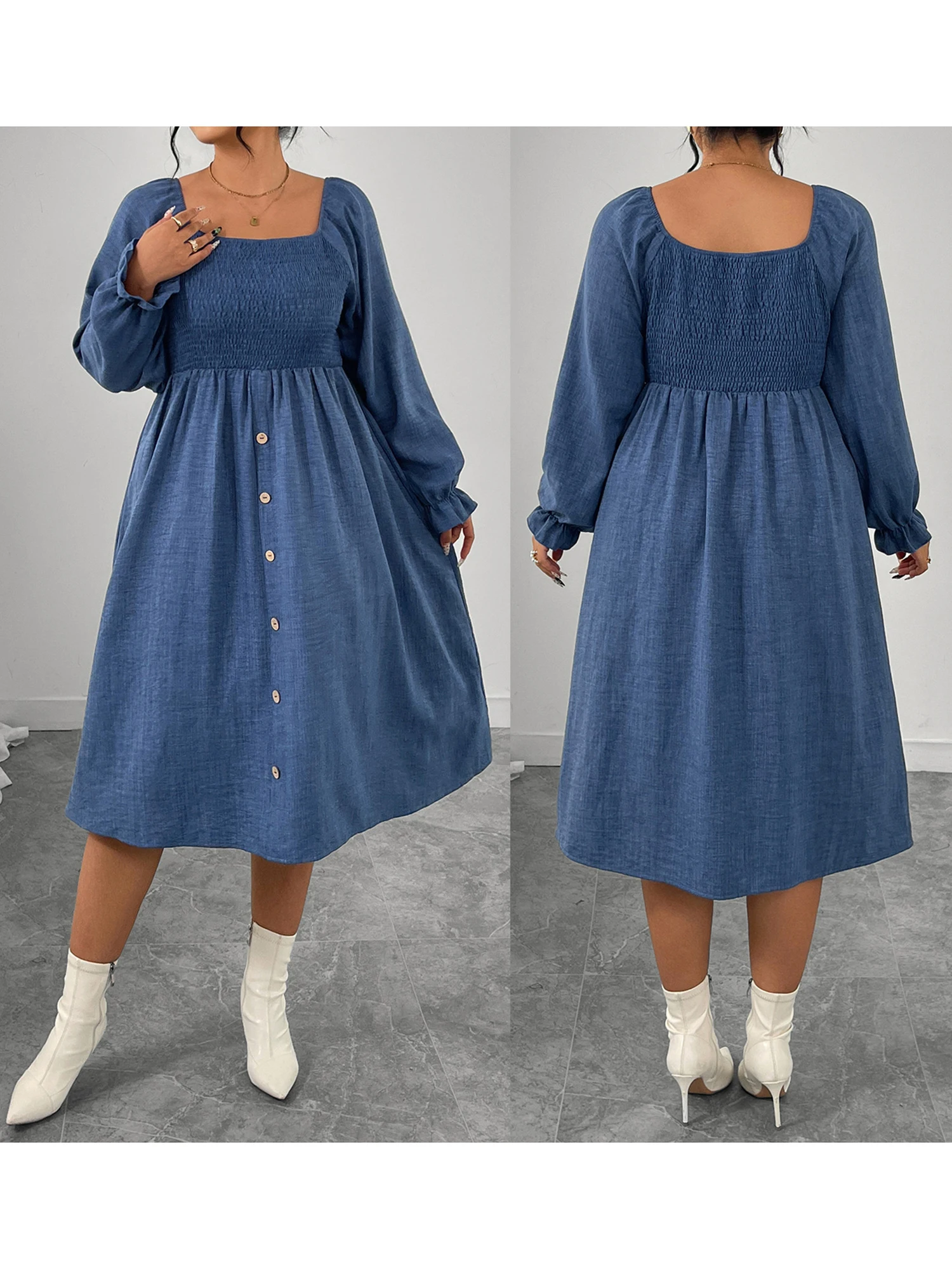 Elegant Women s Plus Size Long Sleeve Midi Dress with Square Neckline and Button Up Detail in Autumn Colors