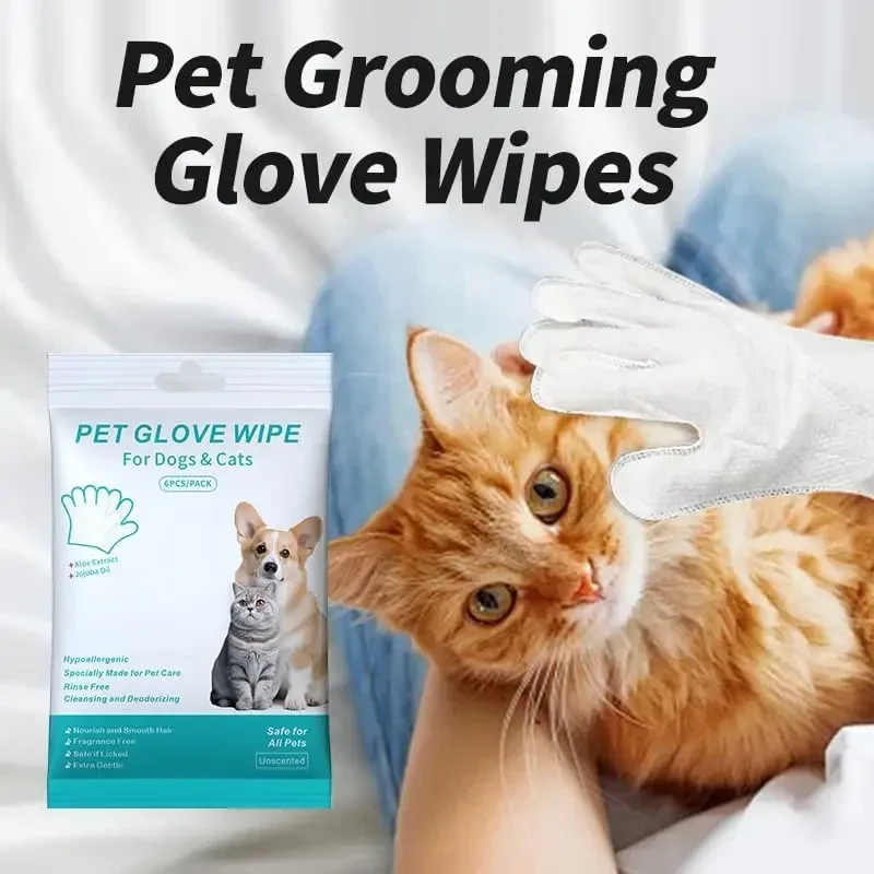 Pet Cleaning Wipes 6pcs for Dogs & Cats Dog Washing Bathing Deodorizing Grooming Gloves for Daily Care