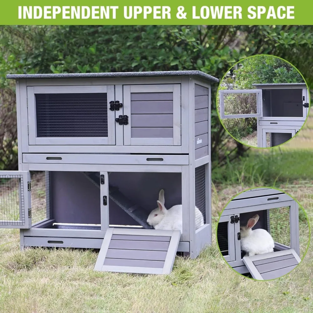 Rabbit Hutch Bunny Cage, Guinea Pig Cage Bunny Hutch Indoor, Wood Pet Cage with 4 Casters -2 Story & 2 Trays