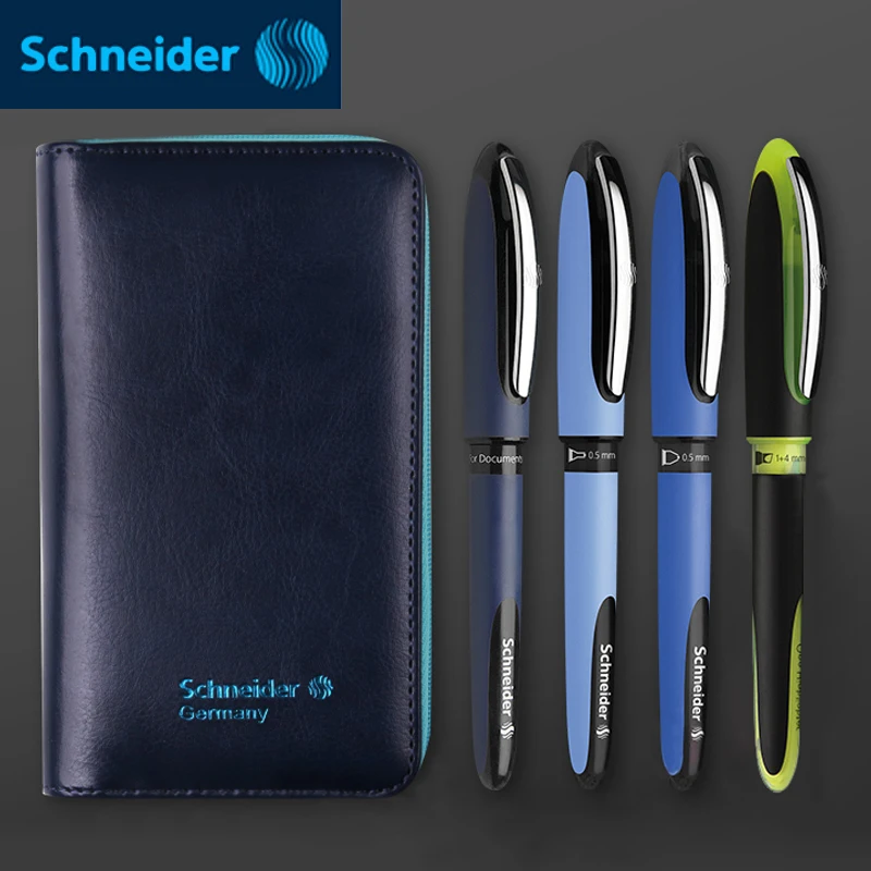 독일 슈나이더 젤 펜 서명 펜, 하이라이터 마커 펜, 가죽 연필 상자 케이스 선물, 0.6mm, 0.3mm, 0.5mm, 1-4mm, 4 개 세트