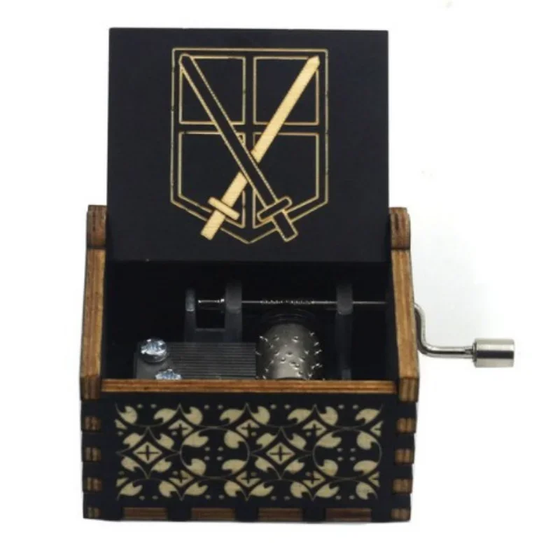 Hand-cranked music box, retro engraving, exquisite painting, attacking giants, the same creative ornament, wooden music box 5