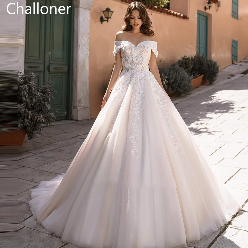 

Challoner Stunning Flower Lace Off Shoulder Ball Wedding Dress 2023 Gown with Tulle Cathedral Train Back Button Vestido de Novia