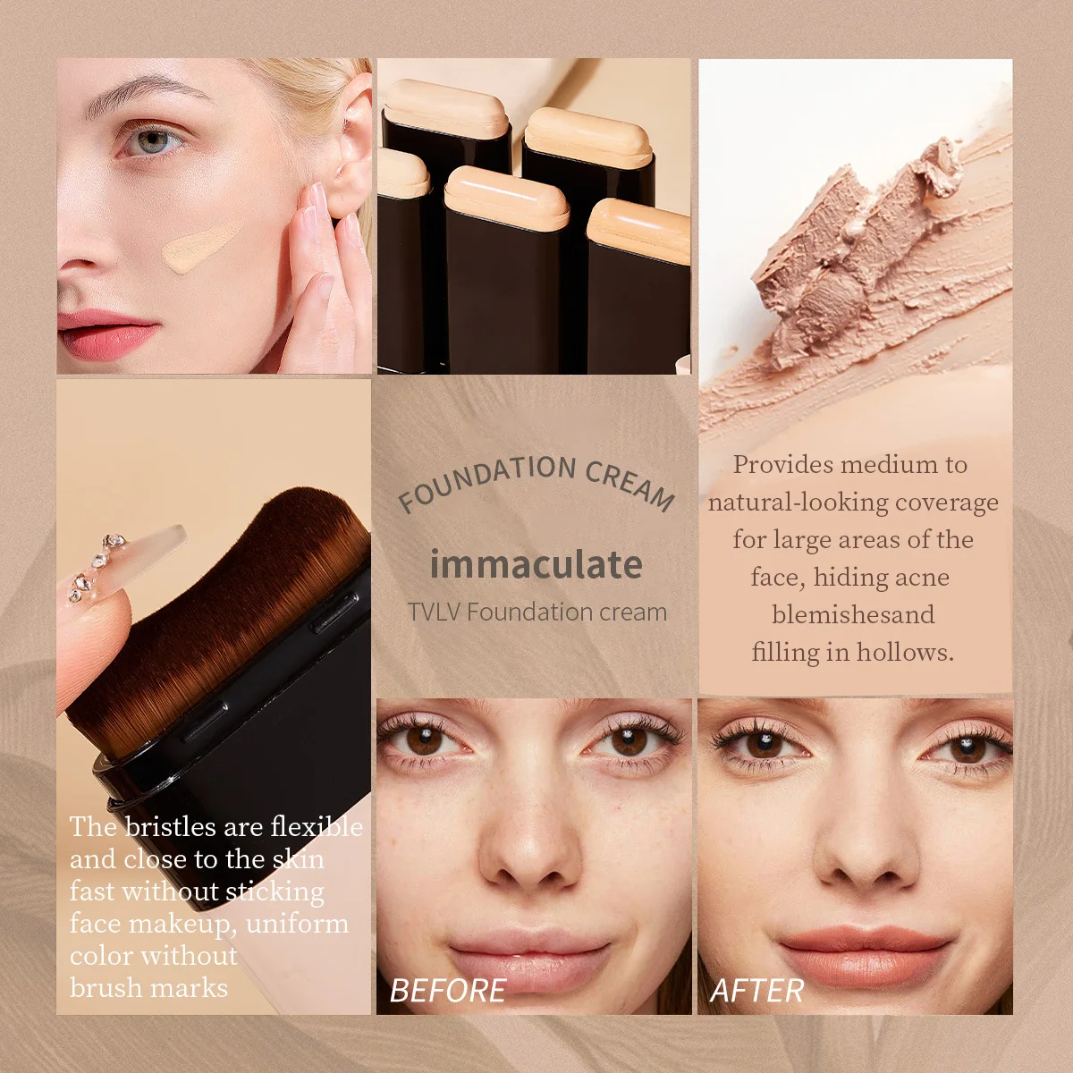 TVLV eraser foundation make-up stick 20g with brush to brighten skin liquid foundation non-marking long-lasting makeup concealer