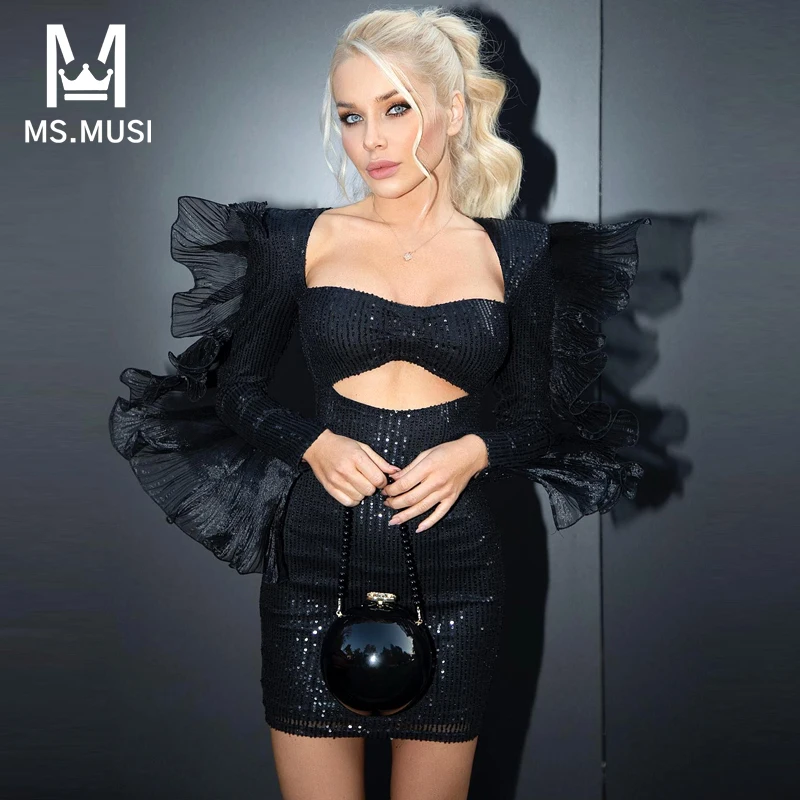 

MSMUSI 2022 New Fashion Women Sexy Black Sequin Hollow Out Glitter Lace Mesh Long Sleeve Bodycon Party Club Mini Dres Vestidos